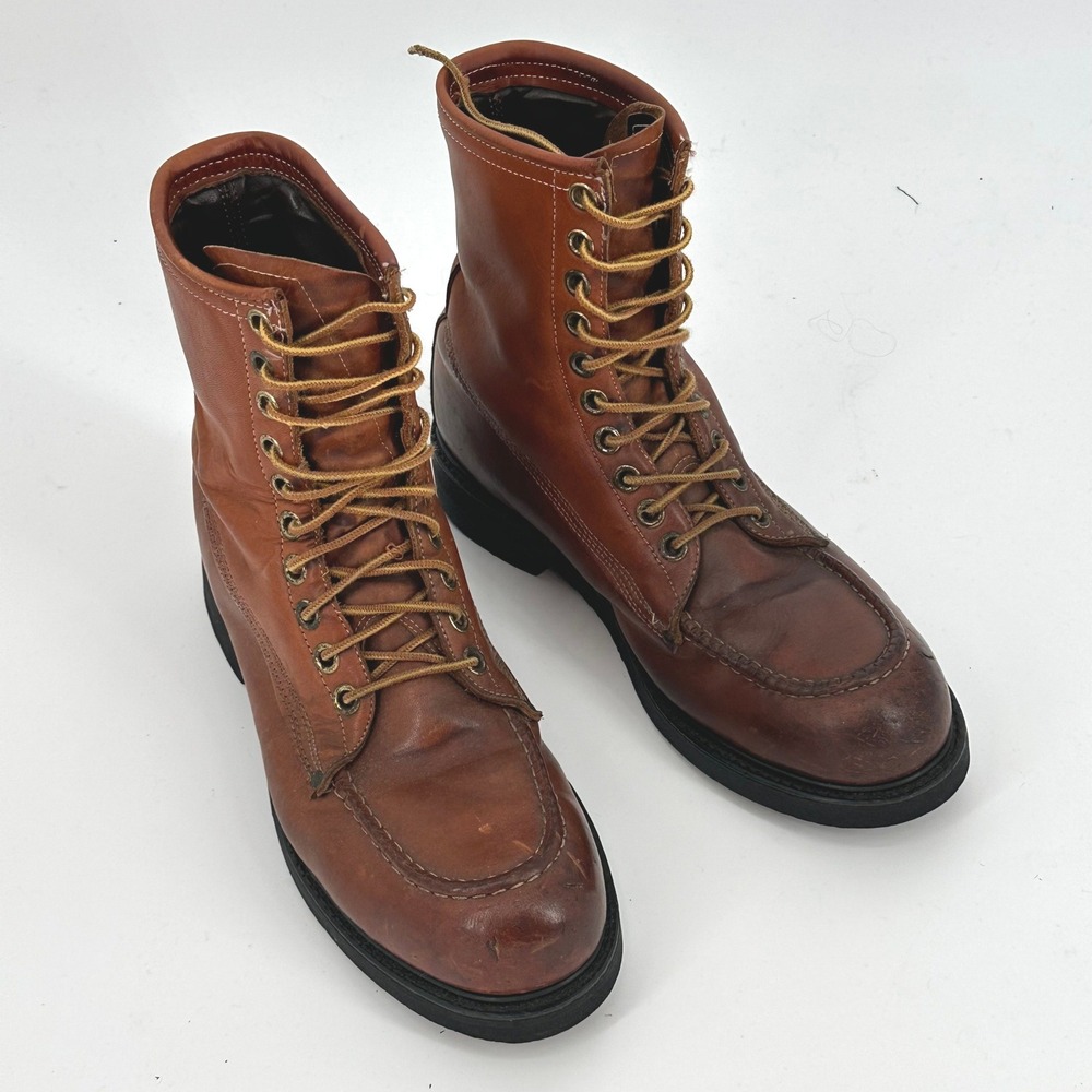 Vintage Lehigh Mens Brown Leather Steel Moc Toe Work Boots Rugged Utility 10.5